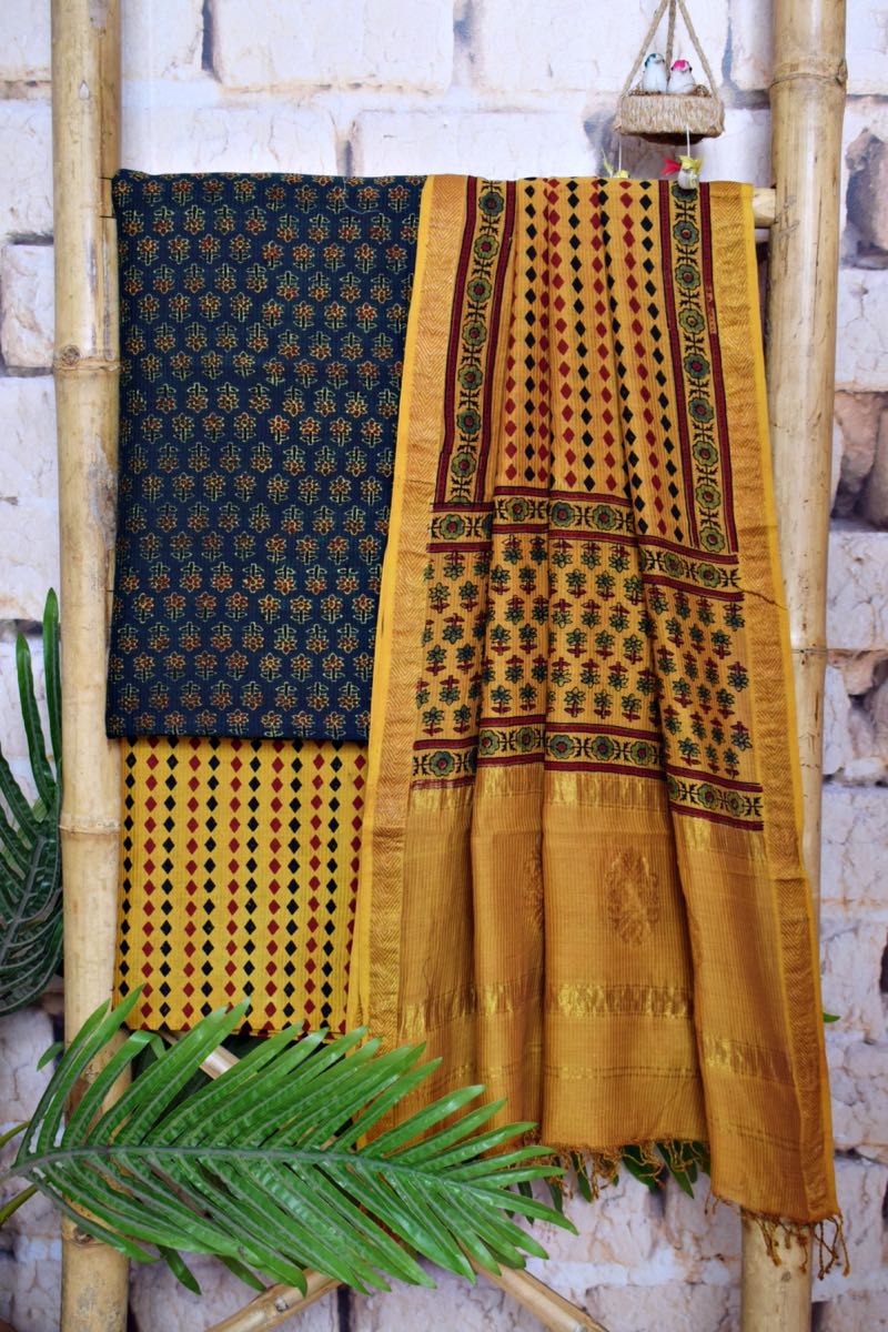 Handloom Ajrakh Maheshwari Silk Dress Material At SSethnics