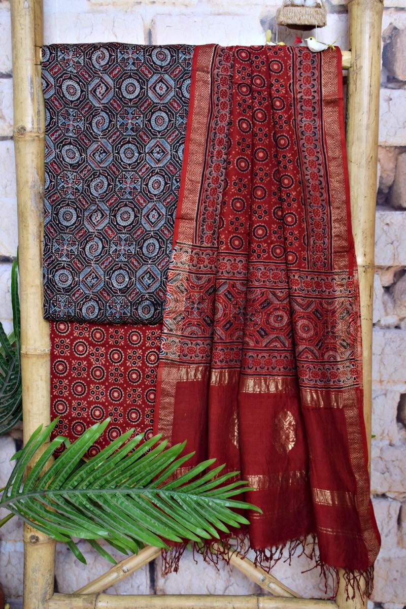 Handloom Ajrakh Maheshwari Silk Dress Material At SSethnics