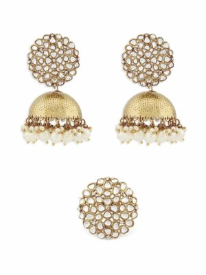 ZAVERI PEARLS Antique Gold Tone Traditional Kundan Jhumki Earring & Ring Set For Women-ZPFK13163  NEW SERIES