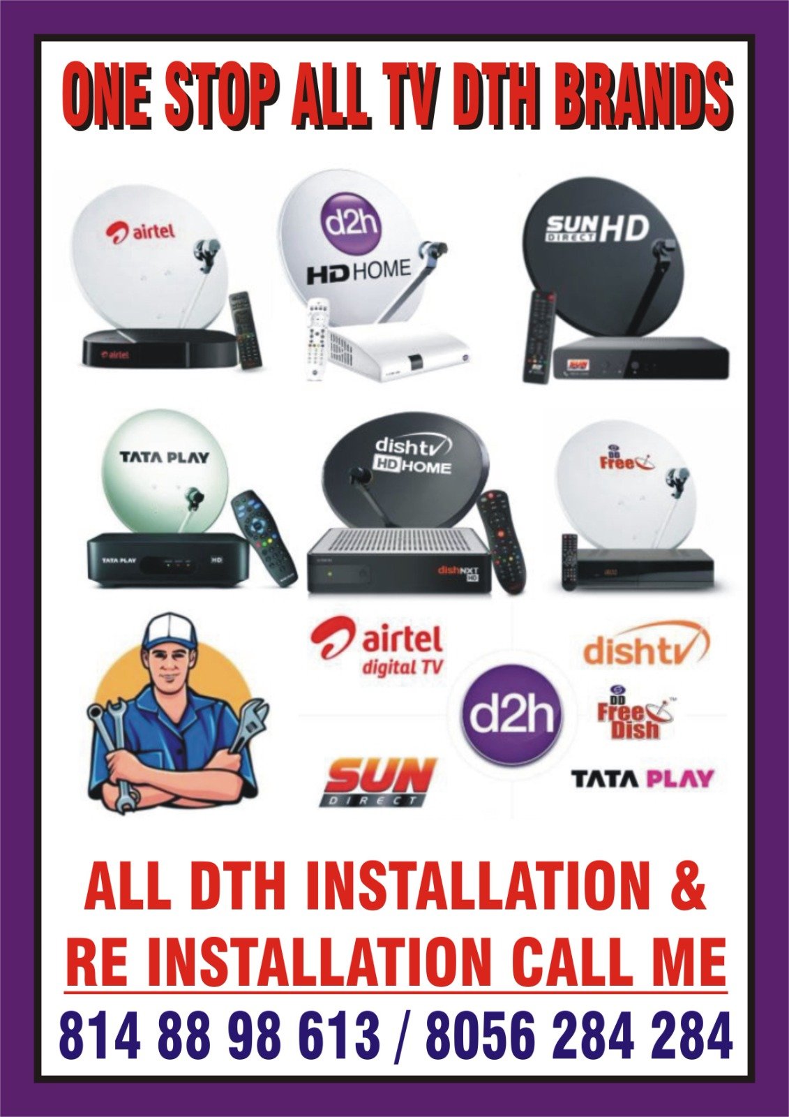 Dth relocation services call 8056 284 284 | | Sun Dth | Tata Play | Airtel Dth | Saidapet